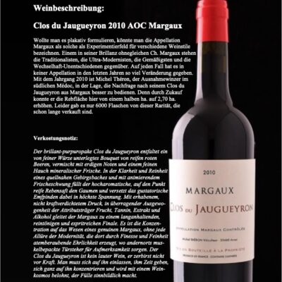 Versteigert 100 € – Drei-Liter-Flasche Clos du Jaugueyron 2010 AOC Margaux